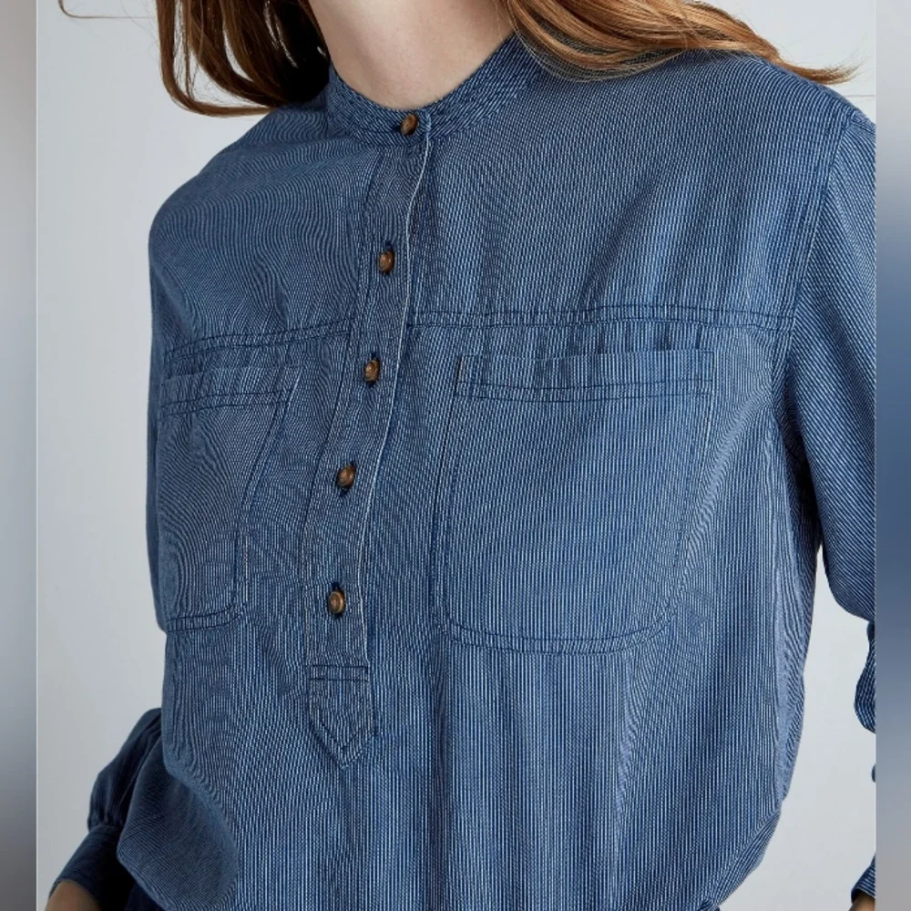 Lucky Brand Edie Striped Popover Top Blue White Pinstripe Size M NWT - Picture 3 of 14